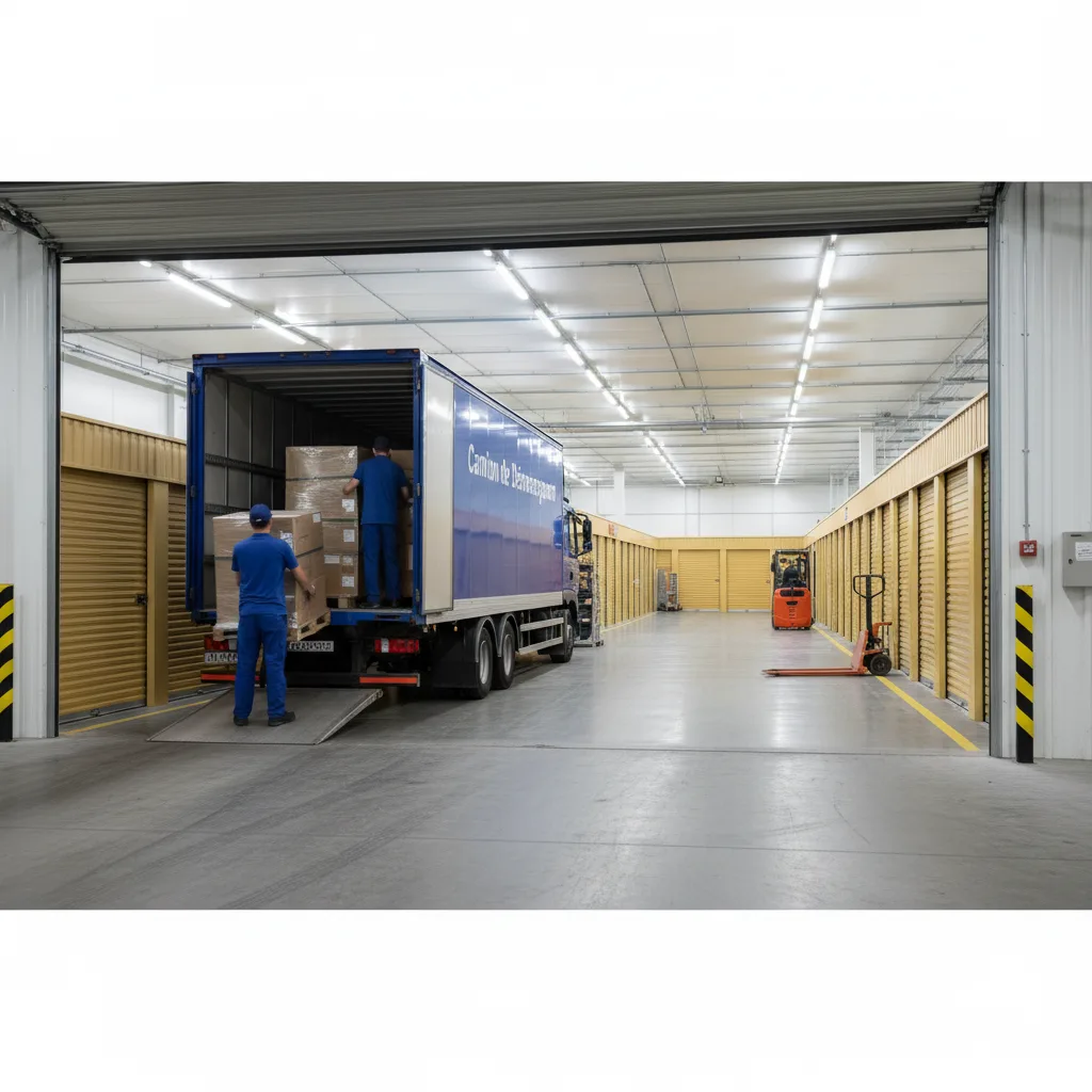 Moving truck in front of a storage warehouse